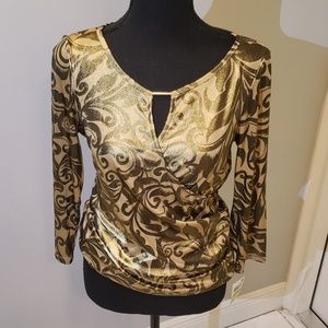 INC Gold Wrap Blouse with Bronze Designs PM